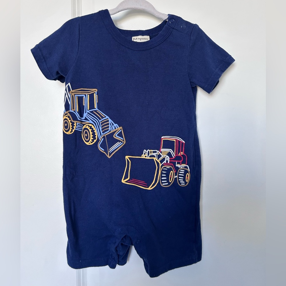 Navy Blue Baby Romper with Construction Print